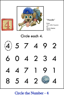 Circle the Number Worksheet  Four (4) with Poodle puppy art and a “4” number block from the Jim Harris picture book, Ten Little Puppies.
